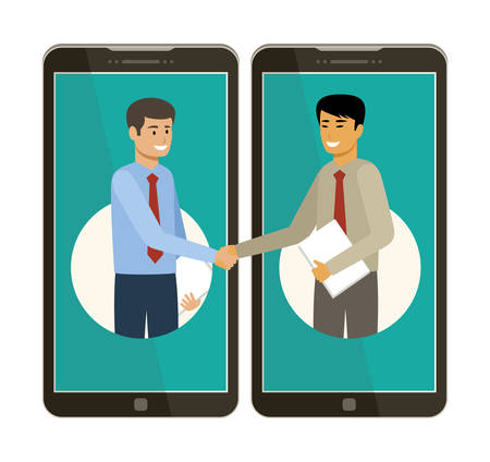 Online business. Businessmen. Handshake. Cooperation. Virtual signing of the contract. Vector flat illustration.のイラスト素材