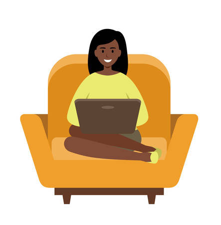 Woman freelancer African American with a laptop sitting on a sofa. Vector illustrationのイラスト素材