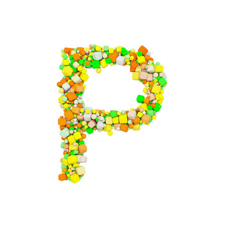 Alphabet letter P uppercase. Funny font made of orange, green and yellow shape cube. 3D render isolated on white background. Typographic symbol from geometric figure.の写真素材