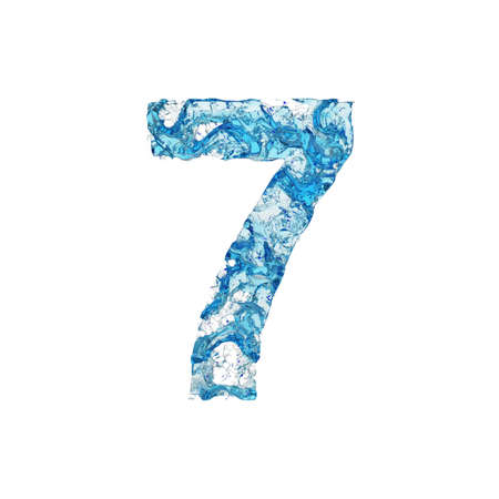Alphabet number 7. Liquid font made of blue transparent water. 3D render isolated on white background. Typographic symbol from splash fluid aqua.の写真素材