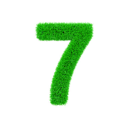 Alphabet number 7. Grassy font made of fresh green grass. 3D render isolated on white background....