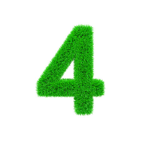 Alphabet number 4. Grassy font made of fresh green grass. 3D render isolated on white background. Typographic symbol from herbal lawn.の写真素材