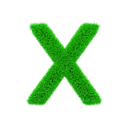 Alphabet letter X uppercase. Grassy font made of fresh green grass. 3D render isolated on white background. Typographic symbol from herbal lawn.の写真素材