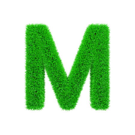 Alphabet letter M uppercase. Grassy font made of fresh green grass. 3D render isolated on white background. Typographic symbol from herbal lawn.の写真素材