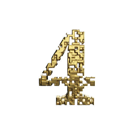 Alphabet number 4. Golden font made of yellow metallic shapes. 3D render isolated on white background. Typographic symbol from gold geometric figure.の写真素材
