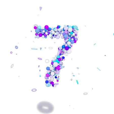 Alphabet number 7. Funny font made of blue balls. 3D render isolated on white background....