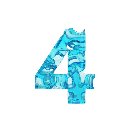 Alphabet number 4. Liquid font made of fresh blue water. 3D render isolated on white background....