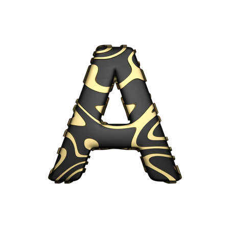Alphabet letter A uppercase. Black carbonic font with yellow golden stains. 3D render isolated on white background. Luxurious elegant typographic symbol.の写真素材