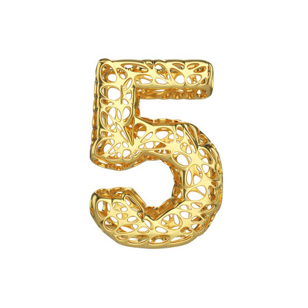 Alphabet number 5. Gold font made of yellow cellular framework. 3D render isolated on white...