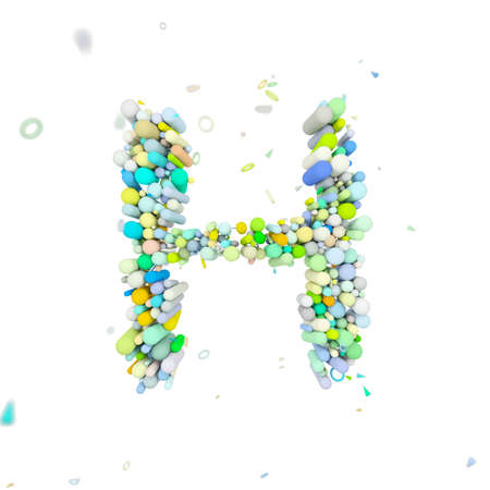 Alphabet letter H uppercase. Funny font made of plastic geometric shapes. 3D render isolated on white background. Typographic symbol from multicolored figures.の写真素材