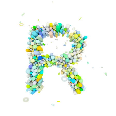 Alphabet letter R uppercase. Funny font made of plastic geometric shapes. 3D render isolated on white background. Typographic symbol from multicolored figures.の写真素材