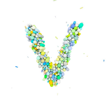Alphabet letter V uppercase. Funny font made of plastic geometric shapes. 3D render isolated on white background. Typographic symbol from multicolored figures.の写真素材