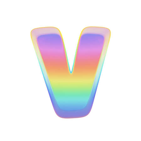 Alphabet letter V uppercase. Rainbow font made of bright soap bubble. 3D render isolated on white background. Typographic symbol from iridescent holographic foil.の写真素材