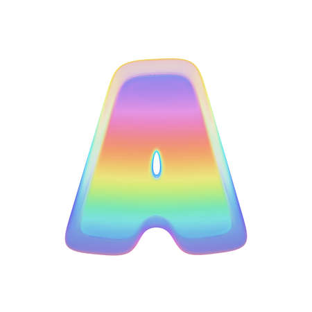 Alphabet letter A uppercase. Rainbow font made of bright soap bubble. 3D render isolated on white background. Typographic symbol from iridescent holographic foil.の写真素材