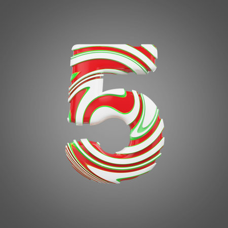 Holiday alphabet number 5. Christmas font made of peppermint candy canes. 3D render. Xmas typographic symbol from red, green and white lollipops.の写真素材