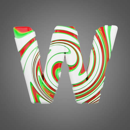Holiday alphabet letter W uppercase. Christmas font made of peppermint candy canes. 3D render. Xmas typographic symbol from red, green and white lollipops.の写真素材