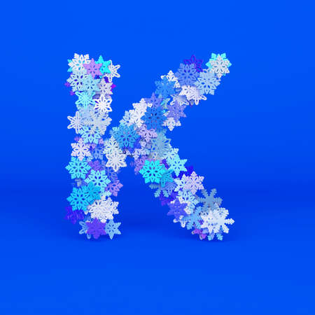 Winter alphabet letter K uppercase. Christmas font made of snowflakes. 3D render. Xmas typographic symbol from stylized festive flakes.の写真素材