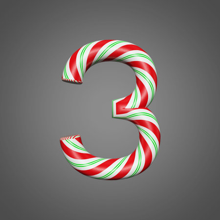 Festive alphabet number 3. Christmas font made of mint striped candy canes. 3D render on gray background. Xmas typographic symbol from peppermint lollipops.の写真素材