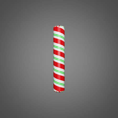 Festive alphabet letter I uppercase. Christmas font made of mint striped candy canes. 3D render on gray background. Xmas typographic symbol from peppermint lollipops.の写真素材
