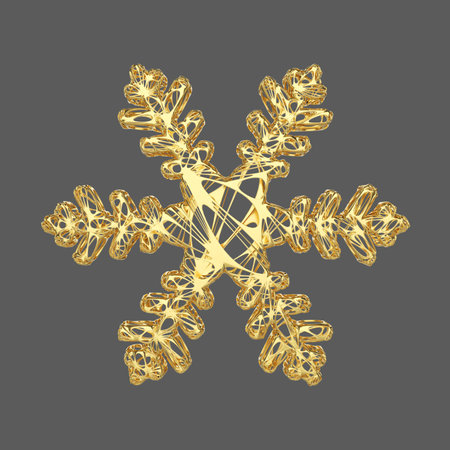 Gold delicate snowflake isolated on gray background. Christmas element in golden openwork style. 3d...
