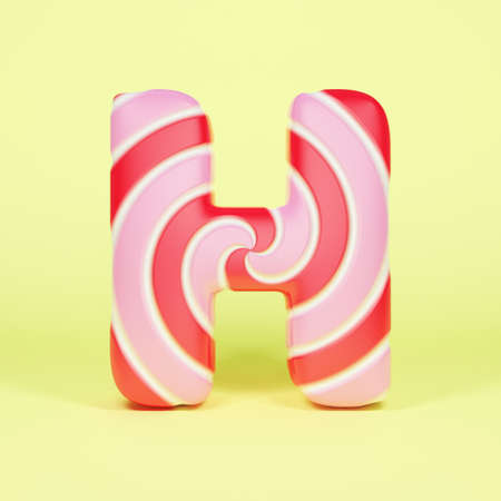 Alphabet letter H uppercase. Christmas font made of pink and red striped lollipop. 3D render on yellow background. Tasty confection from delicious lollypop caramel.の写真素材