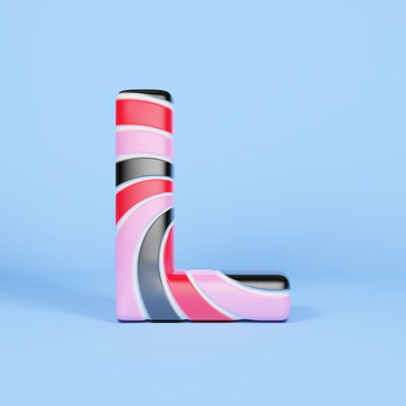 Alphabet letter L uppercase. Christmas font made of pink, red and black striped lollipop. 3D render...