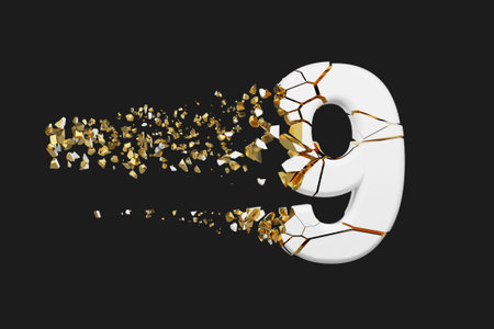 Broken shattered alphabet number 9. Crushed white and gold font. 3D render isolated on grey background. Typographic symbol from cracked debris.の写真素材