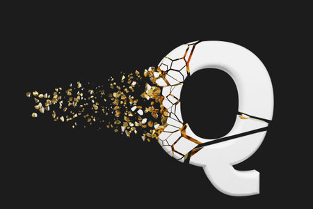 Broken shattered alphabet letter Q uppercase. Crushed white and gold font. 3D render isolated on...