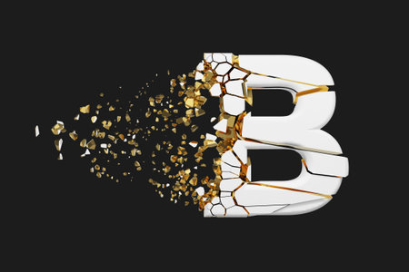 Broken shattered alphabet letter B uppercase. Crushed white and gold font. 3D render isolated on...