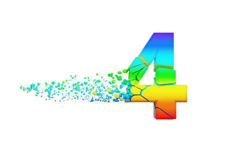 Broken shattered iridescent alphabet number 4. Crushed rainbow font. 3D render isolated on white background. Typographic symbol from spectrum cracked debris.の写真素材