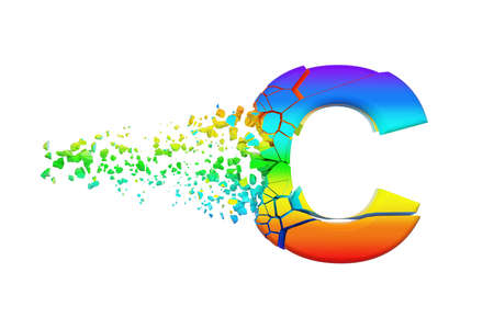 Broken shattered iridescent alphabet letter C uppercase. Crushed rainbow font. 3D render isolated on white background. Typographic symbol from spectrum cracked debris.の写真素材