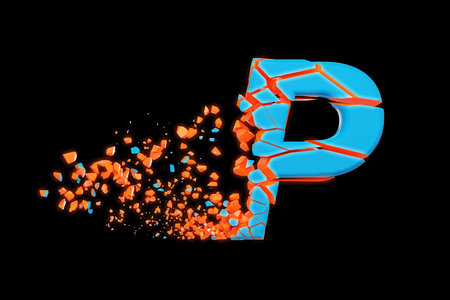 Broken shattered fast sporty alphabet letter P uppercase. Crushed speedy racing font. 3D render...