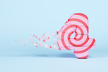 Broken shattered alphabet number 4. Crushed christmas font made of pink and red striped lollipop. 3D...