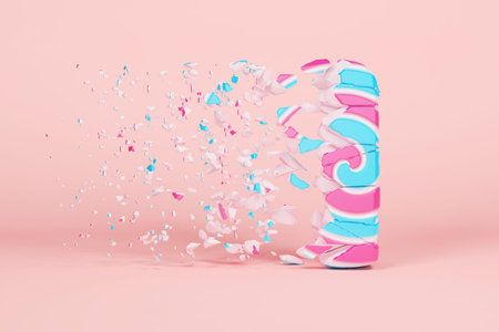 Broken shattered alphabet letter I uppercase. Crushed christmas font made of pink and blue striped lollipop. 3D render. Tasty confection from delicious lollypop caramel cracked debris.の写真素材