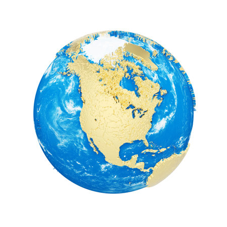 Planet earth globe isolated on white background. Gold metallic continents and blue ocean. Earth day...