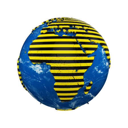 Planet earth globe isolated on white background. Yellow and black striped police warning safety ribbon. Concept dangerous zones and protection Earth.の写真素材