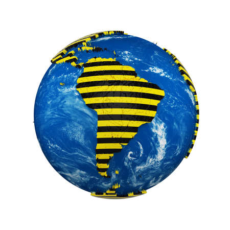 Planet earth globe isolated on white background. Yellow and black striped police warning safety ribbon. Concept dangerous zones and protection Earth.の写真素材