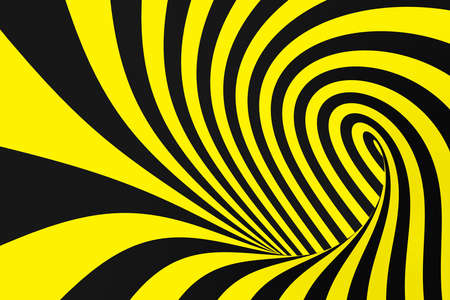 Black and yellow spiral tunnel from police ribbons. Striped twisted hypnotic optical illusion. Warning safety background. 3D render. Rotating infinite wallpaper.の写真素材