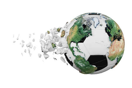 Crashed broken soccer ball with planet earth globe concept isolated on white background. Football ball with realistic continents.の写真素材