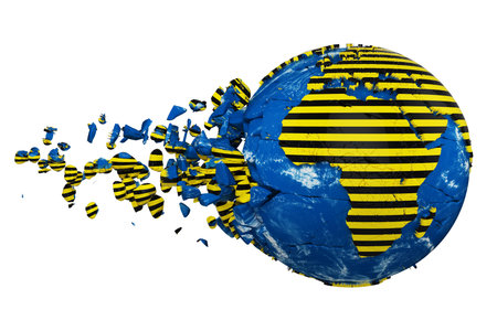 Broken crashed planet Earth globe isolated on white background. Striped police warning safety...