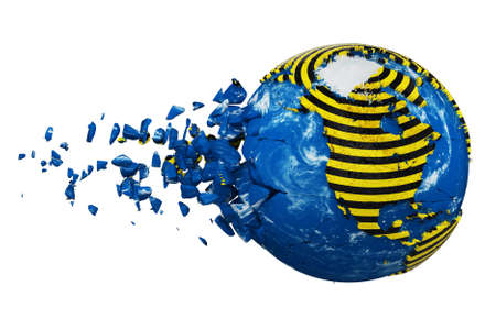 Broken crashed planet Earth globe isolated on white background. Striped police warning safety ribbon. Concept dangerous zones and protection Earth. 3d renderの写真素材
