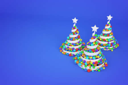 Abstract festive spiral christmas tree made of white ribbon with rainbow xmas balls. 3d render illustration on blue background. Holiday greeting card.の写真素材