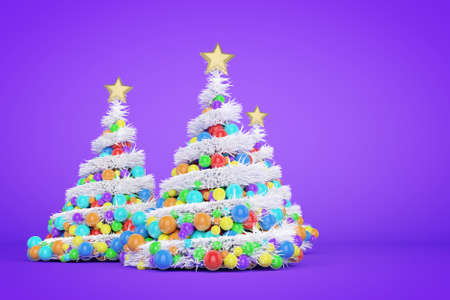 Artificial Christmas trees 3d color illustration. Xmas fir trees with spiral multicolor balls garland. New Year decoration on violet bright background. Greeting card, poster raster design elementの写真素材