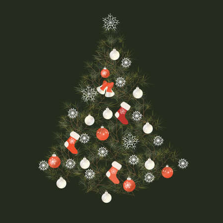 Vector images of Christmas symbols. Christmas tree and Christmas tree decorations, snowflakes, socks for gifts.のイラスト素材