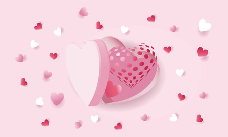 Happy Valentine's Day illustration. 3d vector realistic images of hearts, boxes for gifts, decorations, festive confetti.のイラスト素材