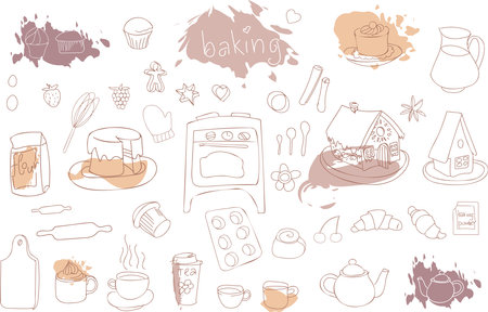 doodle baking set. Vector sketches of oven, gingerbread houses, cookies, muffins, cakes, cookie cutters, baking ingredients and kitchen utensilsのイラスト素材