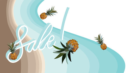 Summer sale background. Pineapple and 3D vector shapes on a light background. Postcard, banner, web poster.のイラスト素材