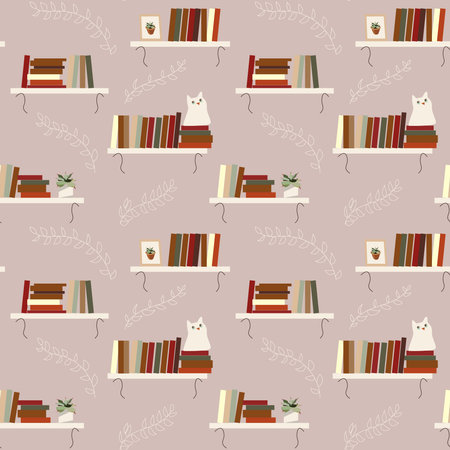 Library pattern. Seamless vector doodle pattern with books, bookshelves, houseplants, table lamps, cat and cups of coffee or tea.のイラスト素材