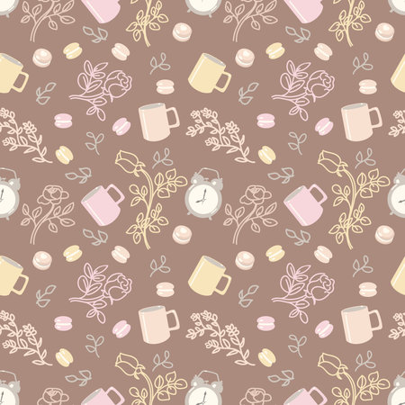 Morning routine pattern. Alarm clock, a cup of tea or coffee and pastries, floral motifs.のイラスト素材