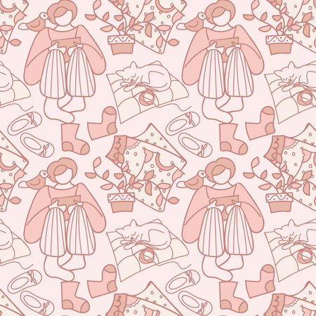 Cozy home. Vector seamless pattern. Cute girl in pajamas with a tablet. A kitten is sleeping nearby. House plant, socks, home slippers, book. For wrapping paper, textil, poster, pajama party inviteのイラスト素材